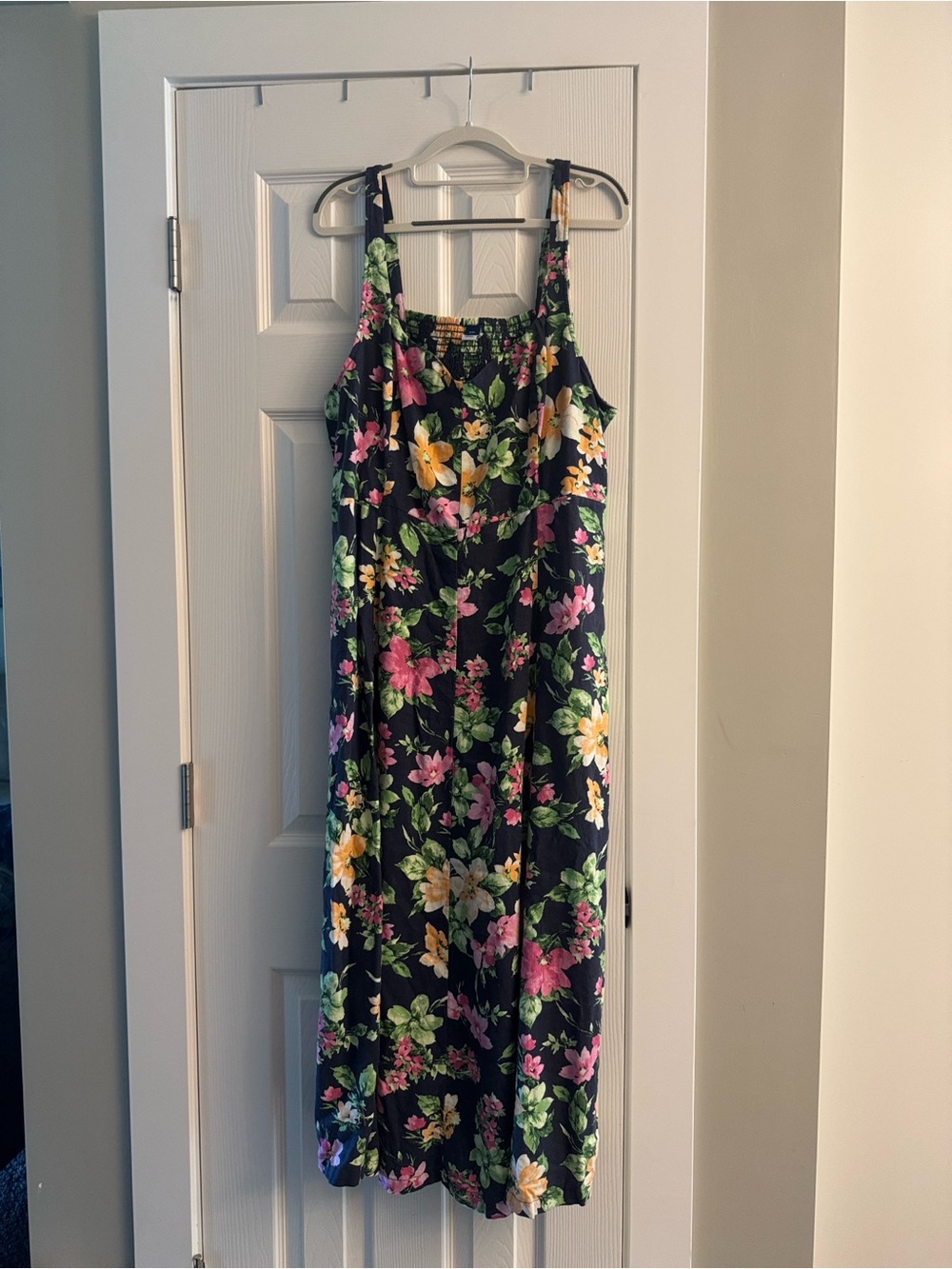 Floral Tie-Strap Midi Dress in Navy with Pink & Yellow Flowers